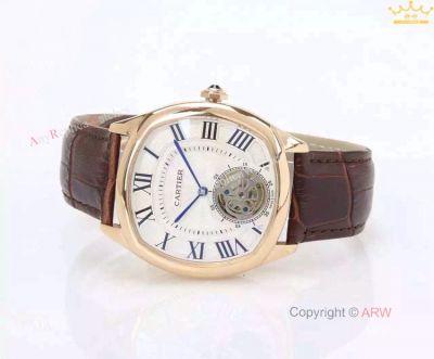 Copy Cartier Drive De Tourbillon Gold Case White Dial Leather Watch